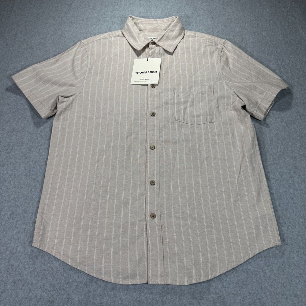 Thom Aaron Men's Medium Shirt Striped Linen Blend Beige Tan White Short Sleeve
